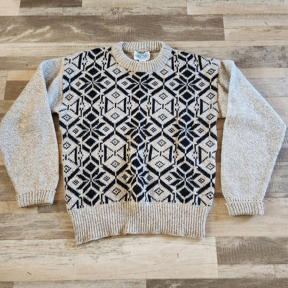 Vintage Wool Sweater Mens Large Beige Fisherman Nordic Geometric Pullover 90s